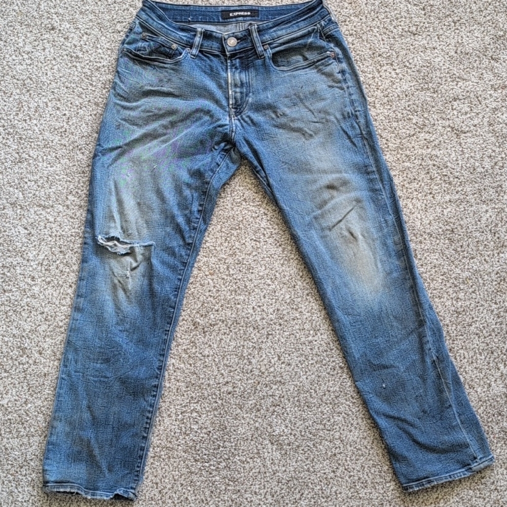 Express Distressed Slim Straight Blue Jeans